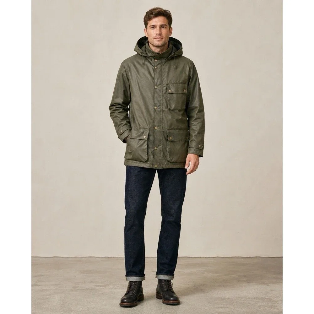 J.Crew Men L Waxed Cotton Field Jacket Olive Quilted Hooded A8942 Military Work